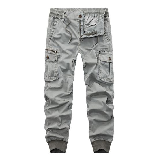 Men Cargo Pants Solid Color Zipper Fly Multi Pockets Drawstring Elastic Waist