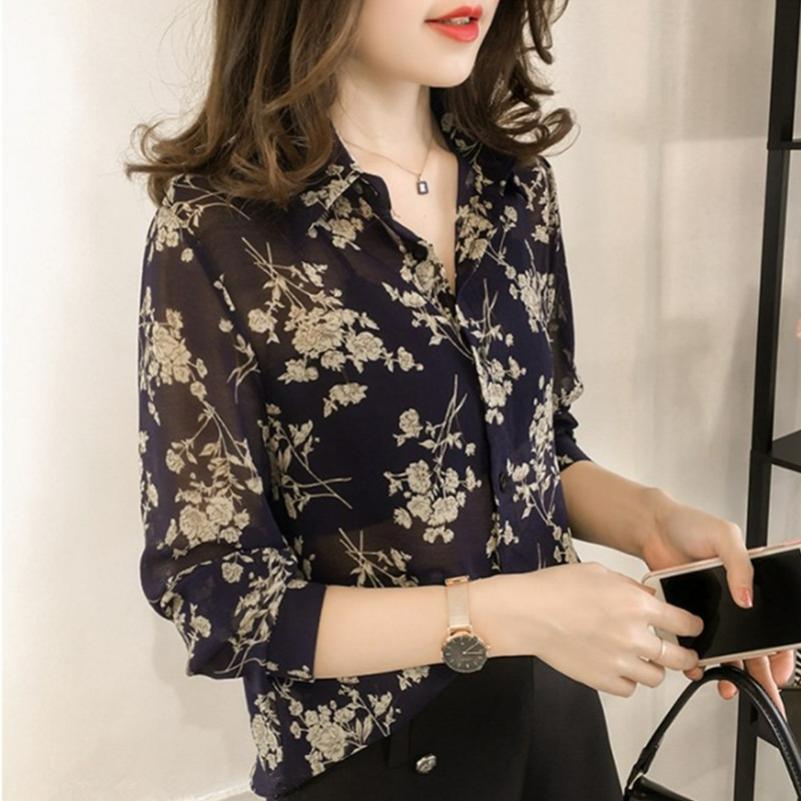 Floral Shirt Women's Long-sleeved Spring and Autumn Bottoming Shirt Shirt Loose Large Size Retro Spring and Autumn Top