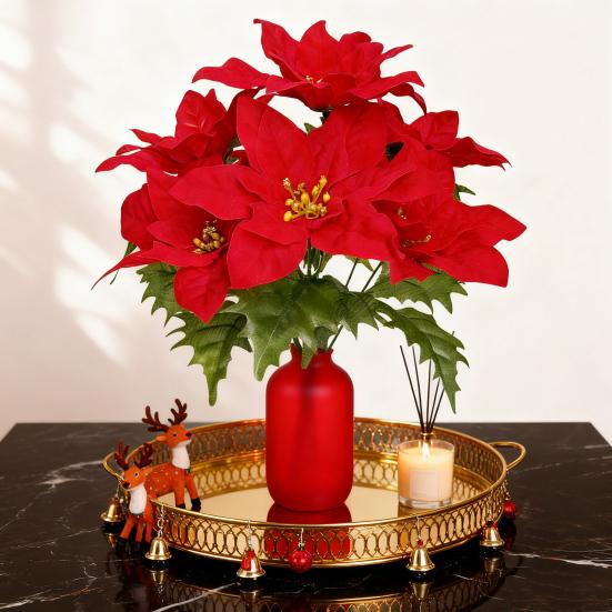 Simulated Flowers Lifelike Plant with Green Leaves Red Flower Flannel Christmas Fake Foliage Home Office