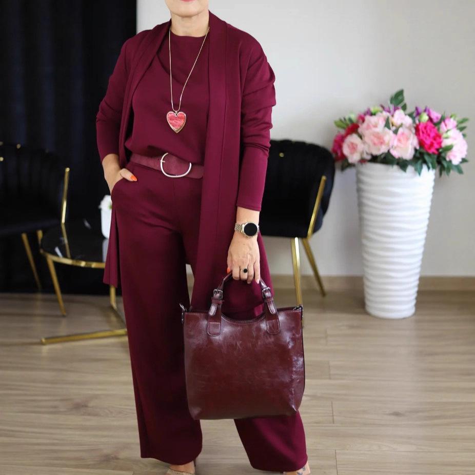 2025 Women's Solid Color Round Neck Long Sleeve Top and Belted Pants 3-Piece Set