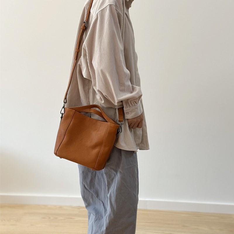 Johnature Genuine Leather Bucket Bag Casual Solid Color Women's Handbag Versatile Shoulder Crossbody Bag