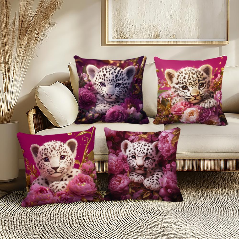 4Pcs Luxury Baby Leopard & Peony Throw Pillow Covers, Cute Leopard Cub With Floral Print Cushion Cases, Glam Animal Home Decor