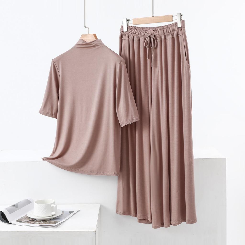 Modal Semi-High Neck Five-Sleeve Shirt & Pocket Wide-Leg Pants Casual Plus Size Two-Piece for Women