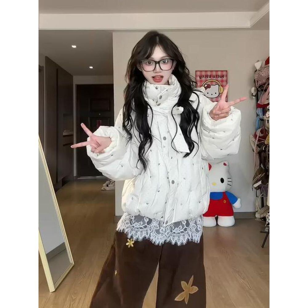 Sweet polka dot floral cotton-padded jacket women's winter bow warm bread jacket thickened cotton-padded jacket