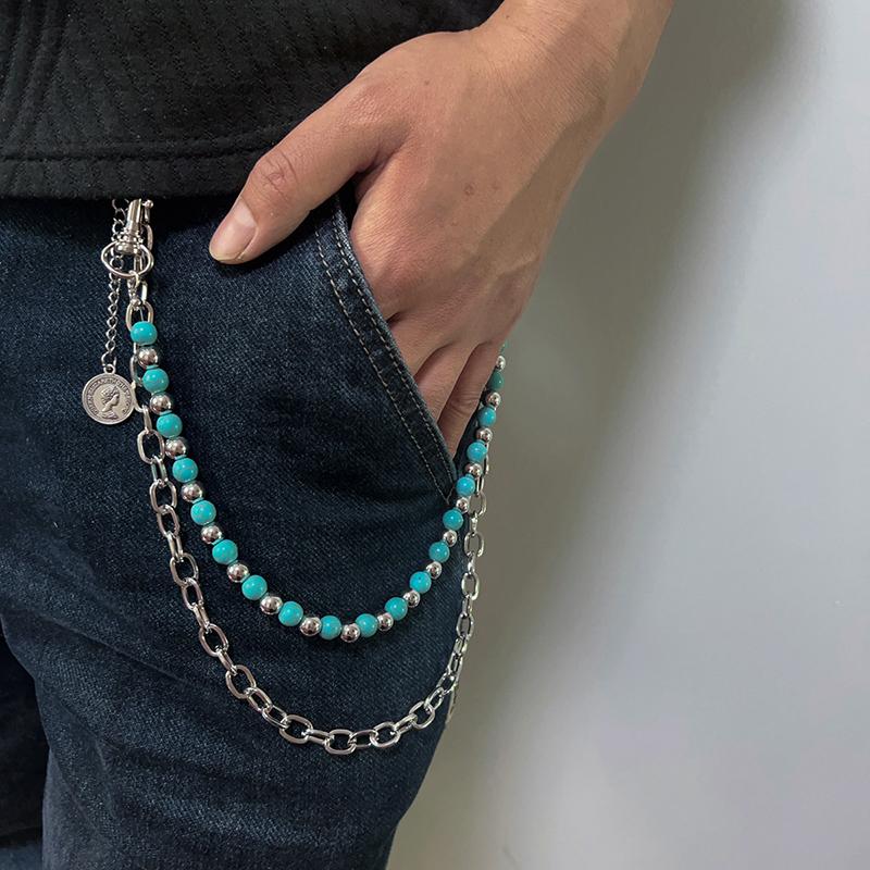 Trendy Blue Cracked Stone Bead Hip Hop Punk Style Keychains For Men Y2K Pants Chain Accesories