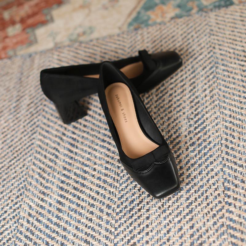 8-1 High Heels for Women's New Thick Heels, Light Mouth Bow, Pointed Head Temperament, Single Shoes for Women