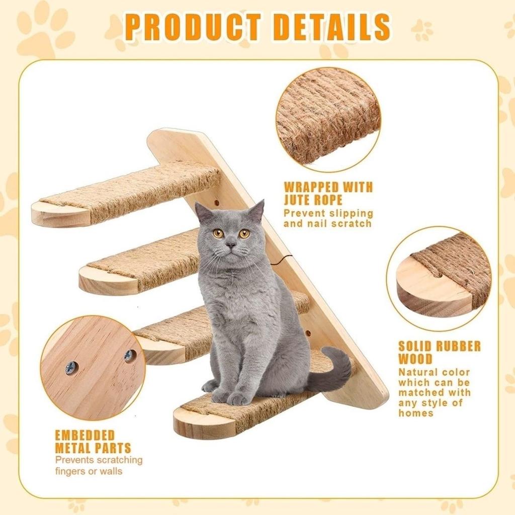 Four-tier solid wood cat staircase with wall-mounted climbing ladder and perch wall-mounted toy saves floor space