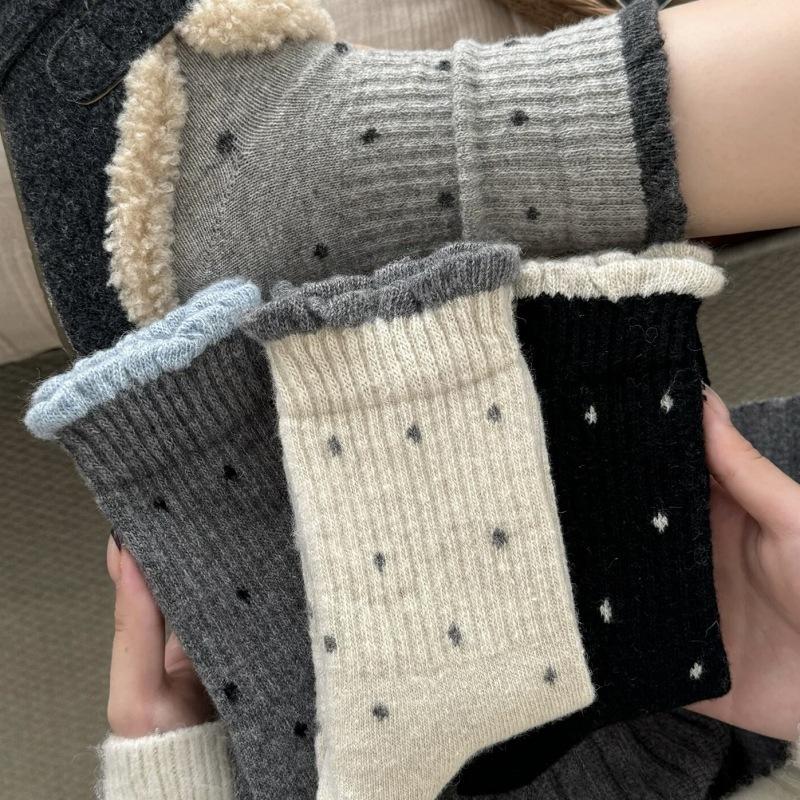 Winter Lace Color-Blocking Polka Dot Wool Socks Thickened Warm Birkenstock Stockings Piled Up With Socks