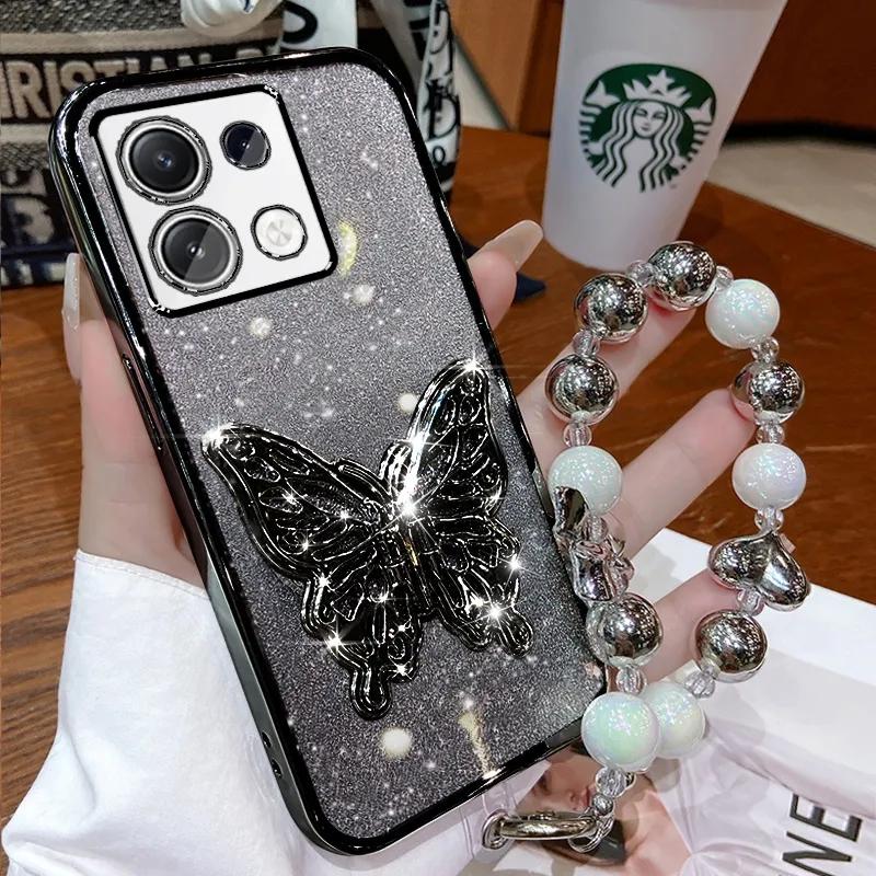 3D Butterfly Phone Holder Bead bracelet Glitter Plating Case for Xiaomi Redmi Note 13 Pro Plus 4G 5G Back Cover