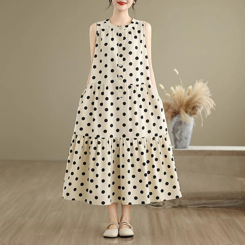 Women's Plus Size Polka Dot Sleeveless Cotton-Linen Dress - French Style