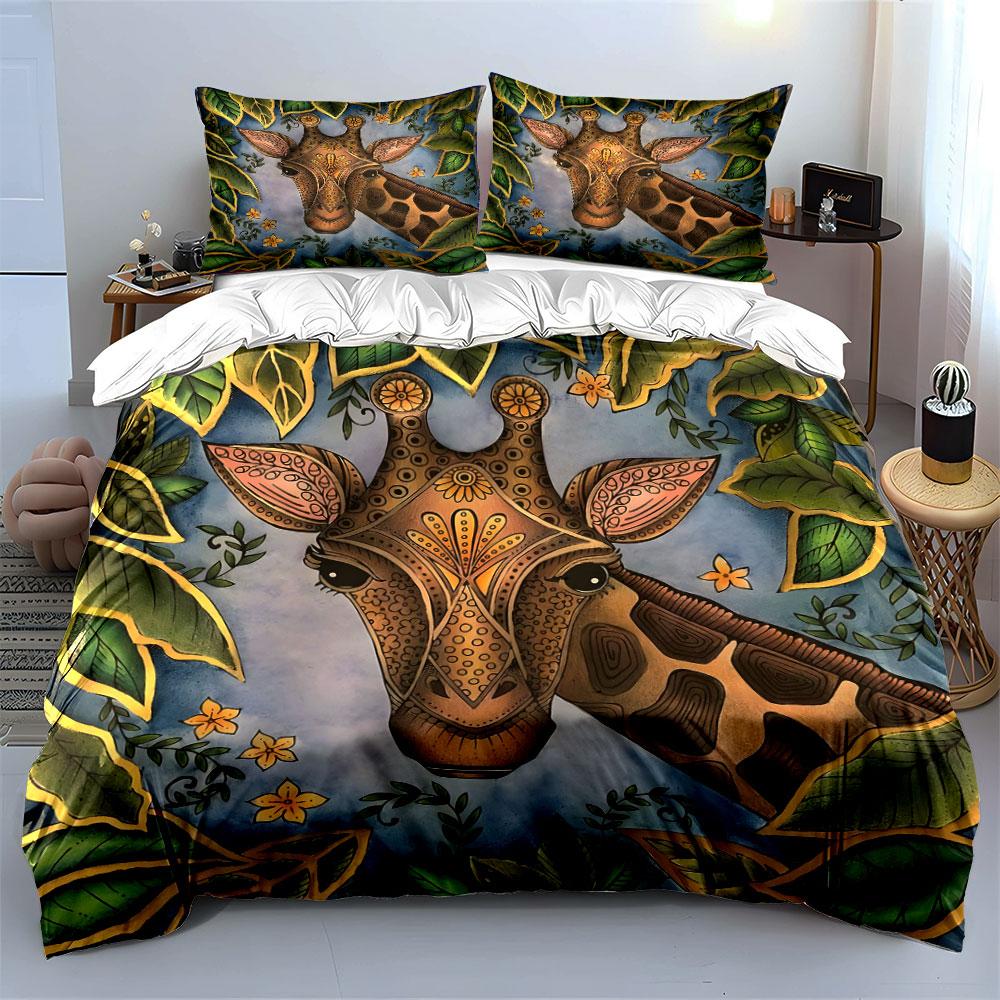 "Jungle-Themed Giraffe Art Set" Kid's and Adults' Bedroom Decor, Exquisite Three-piece Bedding Set Gift