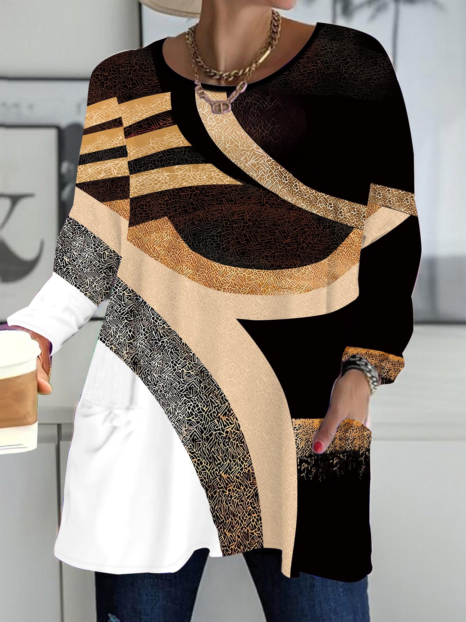 

2025 Autumn Winter New Plus Size Women s Tops, Geometry 3D Print Fashion Crew Neck Long Sleeve T-Shirts 1XL оранжевый