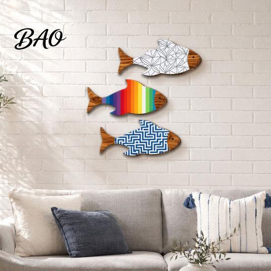 Fish Wall Decor 3Pcs/Set Wooden Coastal Art, Rustic Handcrafted Decor, Artistic Nautical Sculpture for Living Room, Beach Lake House Room