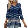 Women 3/4 Sleeve Tunic Prints Tops For  Loose Fit Casual Blouses V Neck T Shirts With Asymmetrical Hem