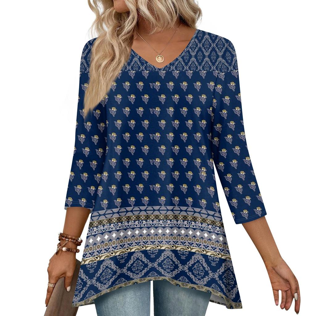 Women 3/4 Sleeve Tunic Prints Tops For Loose Fit Casual Blouses V Neck T Shirts With Asymmetrical Hem