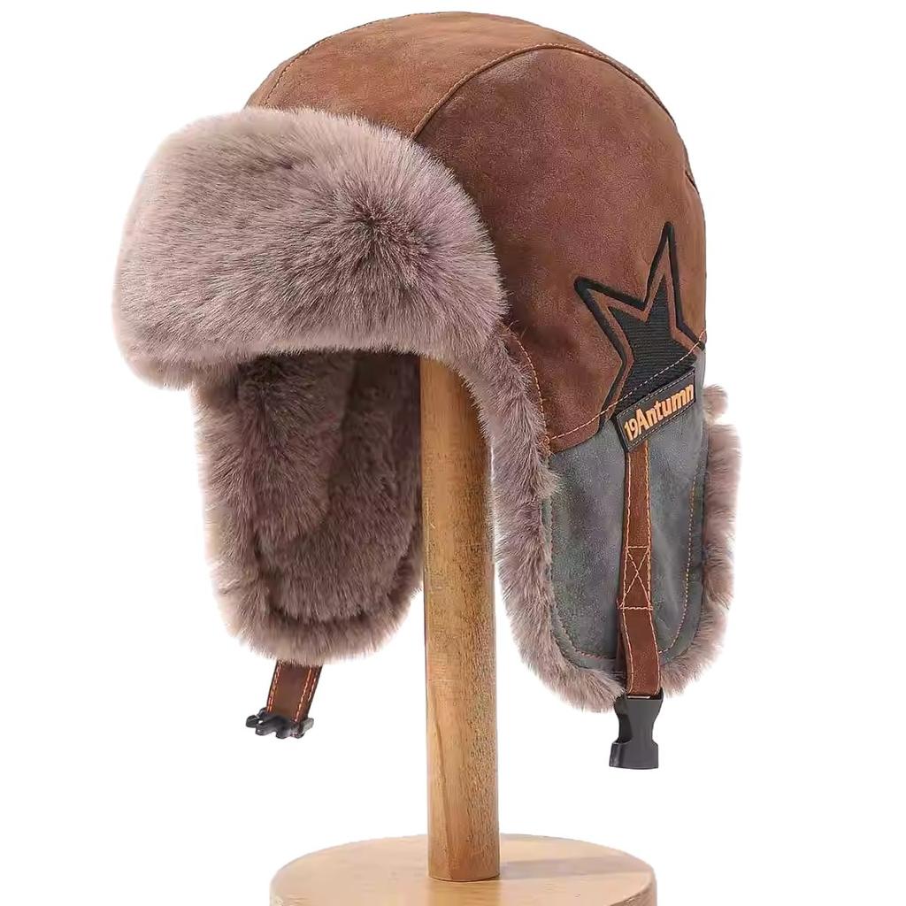 Outdoor locomotive Lei Feng hat men's winter thickened warm pu leather ear protection hat windproof snow pilot hat women