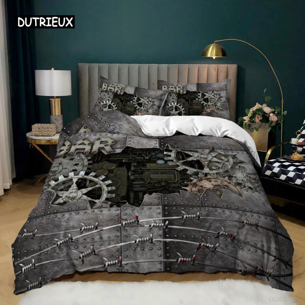 Gear Duvet Cover Set Colorful Gear Mechanical Device Bedding Set for Kids Boys Men Queen King Size Chic Microfiber Quilt Cover