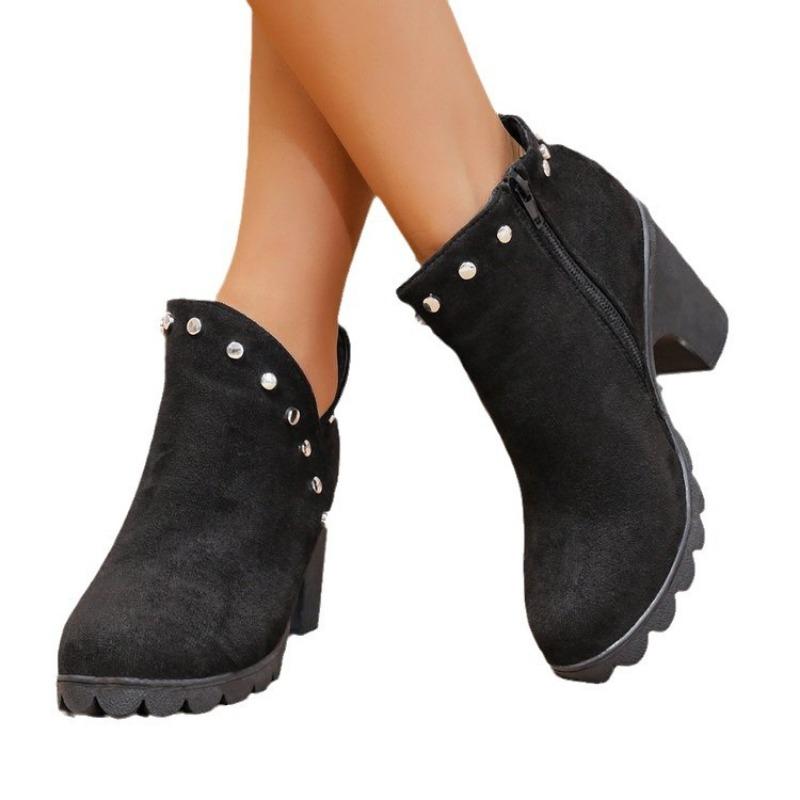 Large Size High Heel Fashion Boots Women's New Round Head Thick Heel Rhinestone Women's Boots