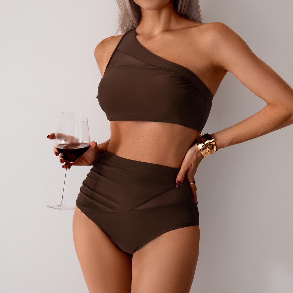 

2025 Трансграничный купальник-бикини на одно плечо, быстросохнущий, сексуальный, европейский и американский женский Double Extra Large кофейный