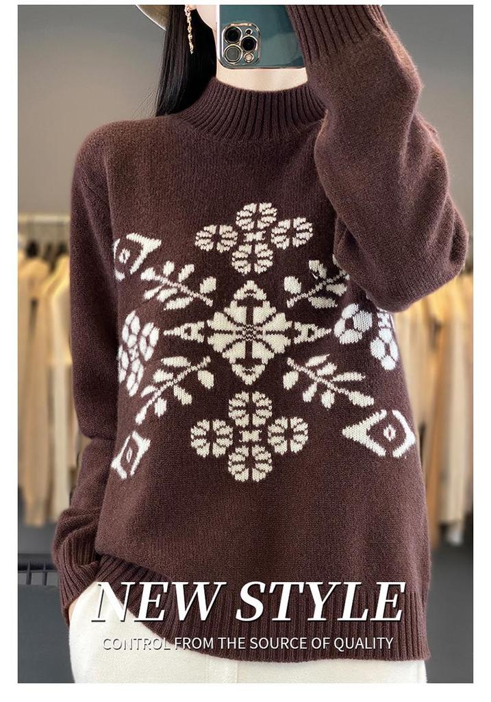 Women's High Neck Snowflake Wool Sweater - Autumn/Winter Color Block Knit Top