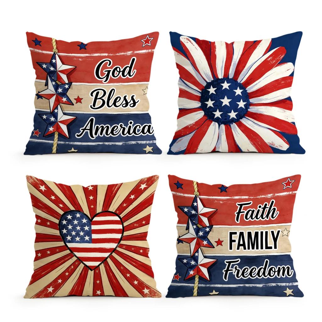 4Pcs 4Th Of July Retro Floral Heart Star Print Single-Sided Cushion Cover For Living Room Bedroom Car Home Decor