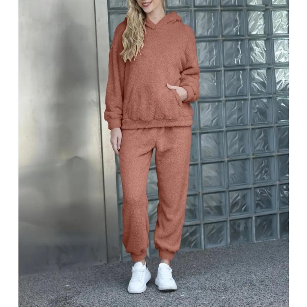 Autumn and Winter Solid Color Women's Clothing, Hooded Long Sleeved Patch Pocket Casual Pants Home Two-piece Set
