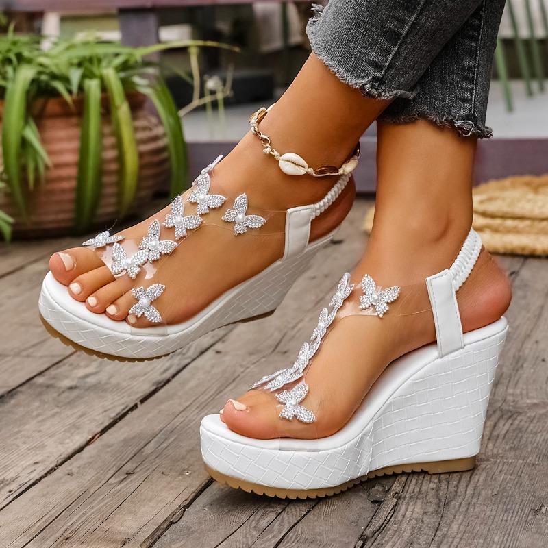 

Модные женские босоножки на танкетке и высоком каблуке, модные хрустальные босоножки с бабочками, летняя платформа для женщин, элегантные вечерние босоножки 43 белый