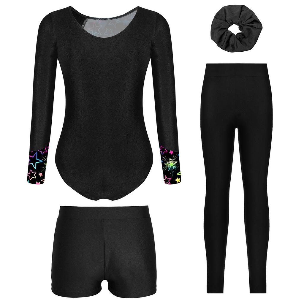 Mädchen Tanz Outfit Langarm Strass Verziert Bedruckt Trikot Shorts Leggings Haargummi Stirnband Gymnastik Auftritt Set