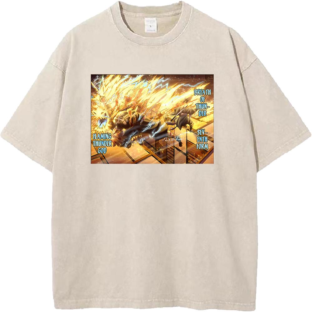Hot Anime Demon Slayer Agatsuma Zenitsu Kaigaku Print T-shirt Men Retro Washed Tshirts Casual Cotton T Shirt Harajuku Male Tops