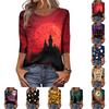 Women Casual Round Neck Halloween Print T Shirt Three Quarter Sleeve Top Lightweight Comfortable Fit Seasonal Graphic Tee