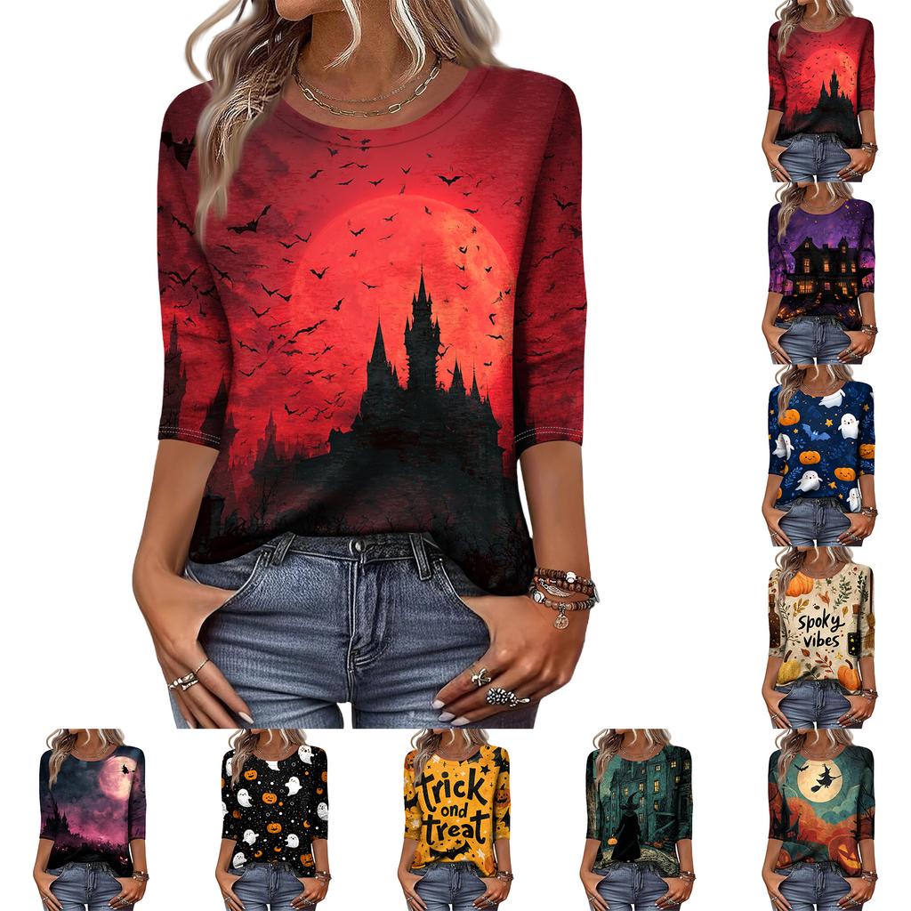 Women Casual Round Neck Halloween Print T Shirt Three Quarter Sleeve Top Lightweight Comfortable Fit Seasonal Graphic Tee