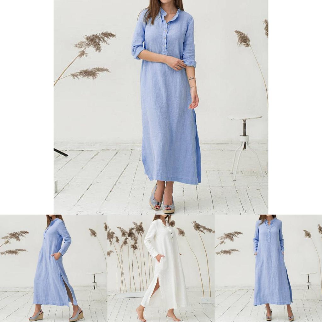 Luxurious Women's Kaftan Cotton Long Sleeve Plain Casual Oversized Maxi Shirt Dress