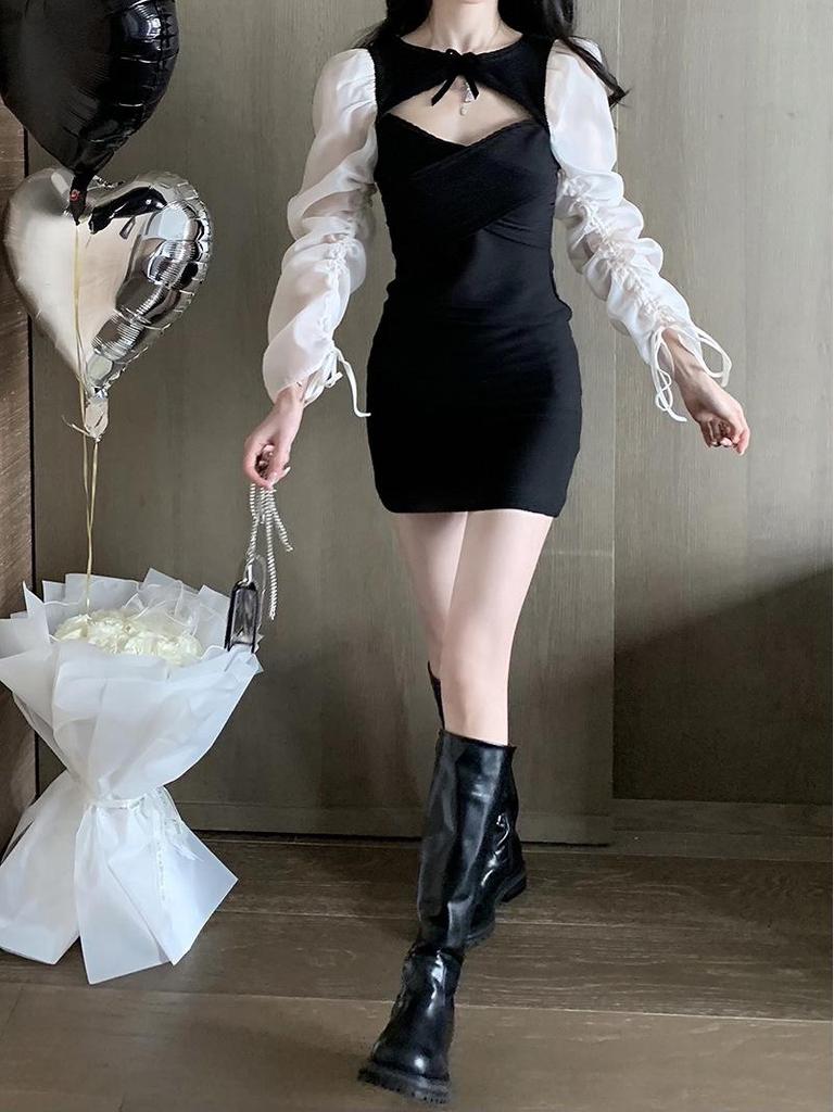Women's Spicy Lace-up Puff Sleeve Patchwork Dress - Spring/Autumn Slim Fit Short Skirt
