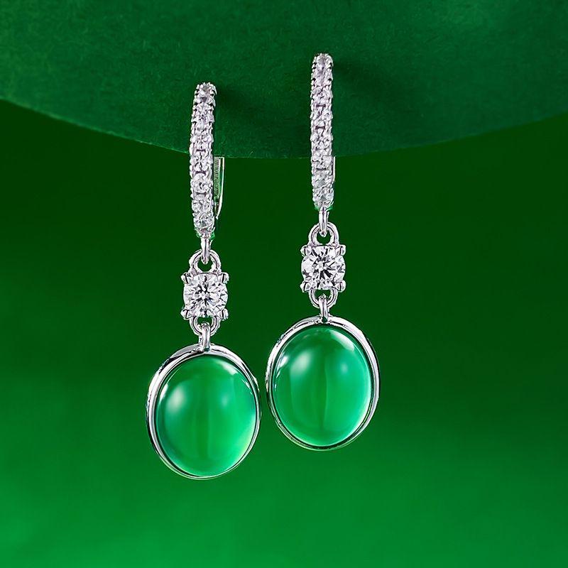 Xiancan S925 Silver Green Chalcedony Earrings - Elegant and Simple Style