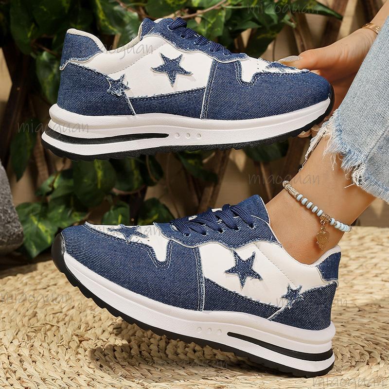 Fashion Patchwork Platform Sneakers Women Star Canvas Thick Bottom Vulcanized Shoes Woman's Breathable Lace Up Shoes Tenis De Mujer