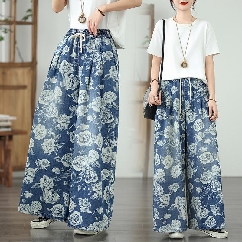 Dimanaf 2025 Nuevo Verano Básico Pantalones Vaqueros Elásticos Estampado Floral Mujer Sueltos Vaqueros Pantalones Casuales de Pierna Ancha
