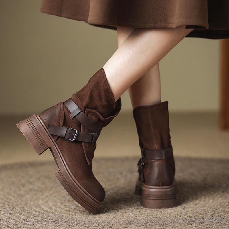 2026 Autumn New Dark Brown Retro Old Color Fashion Boots Women's Thick Heel Low Heel Round Head British Mid-style Boots