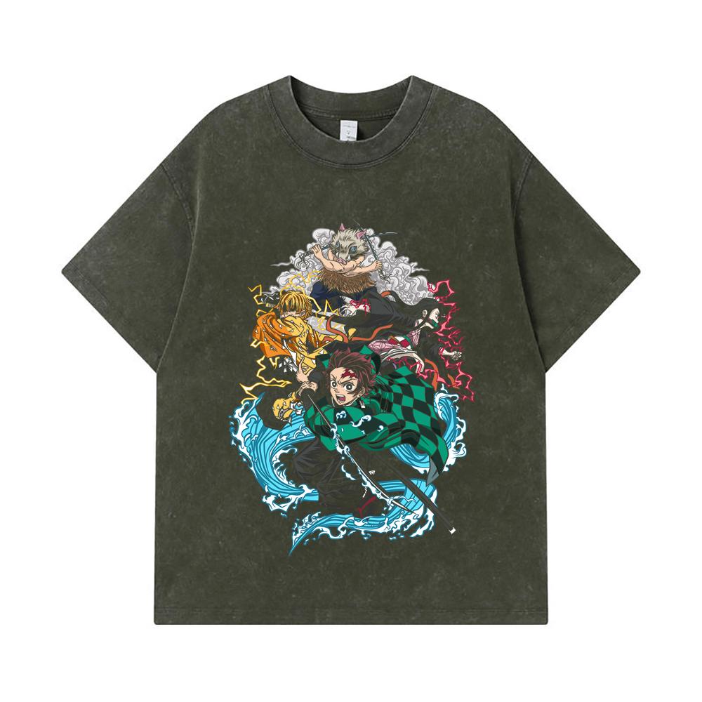 

275 GSM Washed T-shirts 100% Cotton Demon Slayer V23 Hashiras Print Unisex Heavy Cotton T Shirt S армия зеленый