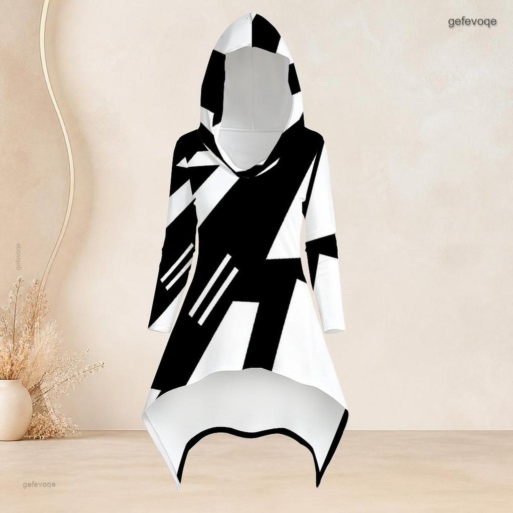 Women Plus Size Black White Printed Hooded Long Sleeve High Low Top Fitted Pants Two Piece Set