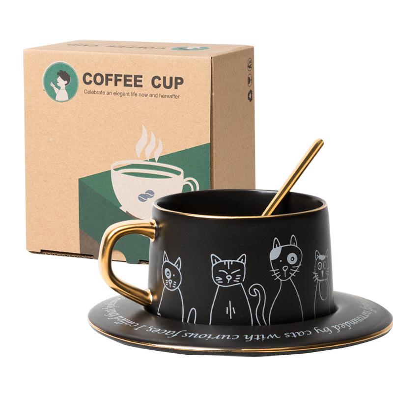 Ceramic Coffee Cup Set Cartoon Cat Tea Cup With Saucer Spoon Breakfast Milk Coffee Mug Bread Dessert Dish Creative Couple Gift