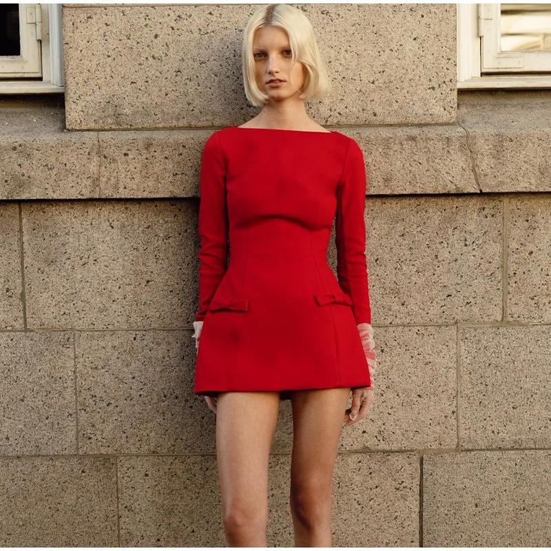 Double Bow Long Sleeve Mini Dress For Women Spring Autumn New Solid Color Red Black High Waist Sexy Club Party Dress