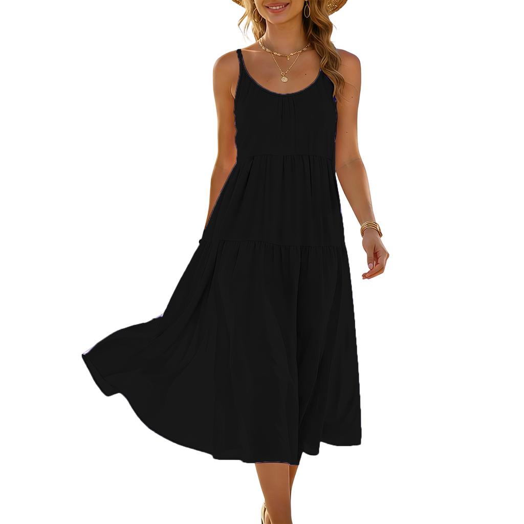 Sleeveless Spaghetti Strap Midi Dress for Women Loose Fit Flowy Sundress Summer Casual Solid A Line Long Dress