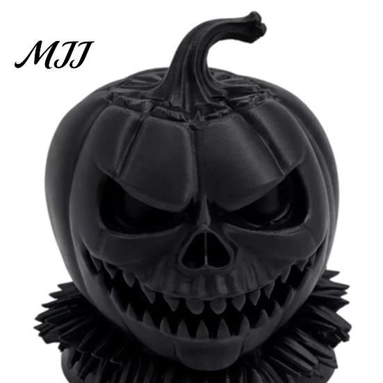 Unique Halloween Collectibles 3D Printed Evil Pumpkin Head Figurine with Ruffled Collar, Gothic Dark Neck Collar Clown Sculpture Jack O Lantern Statue