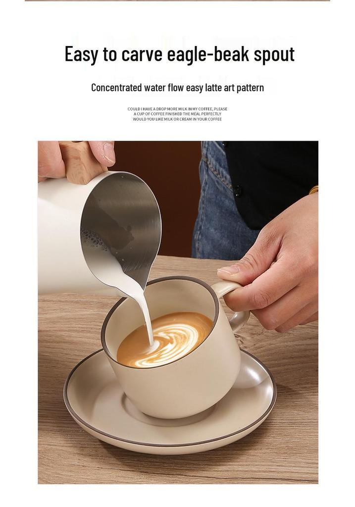 Wood Grain Handle Latte Art Cup, 304 Stainless Steel with Scale, Milk Frothing Pitcher