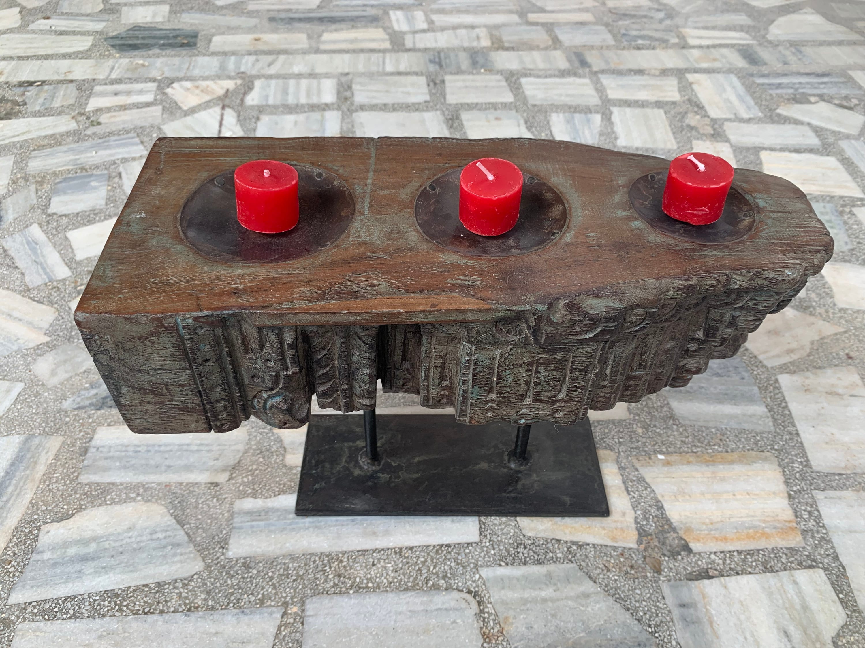 

Antique Carved Wood Candle Holder: Rustic Indian Home Decor 16” X 8” X 24” (l x w x h) разноцветный