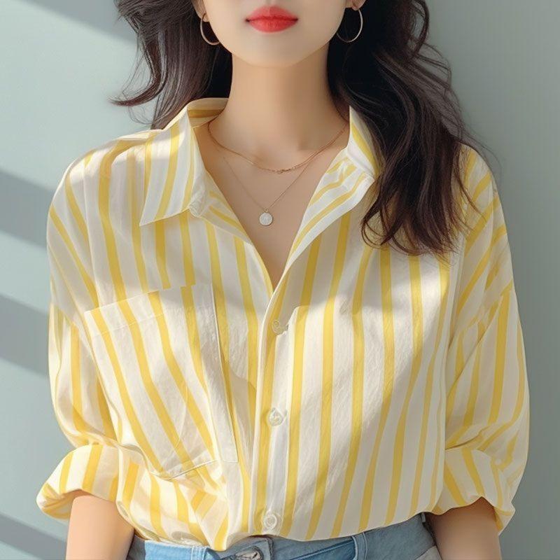 Elegante Camicia a Righe Verticali Gialla e Bianca da Donna, Blusa Primaverile con Protezione Solare, Camicia da Spiaggia Solare