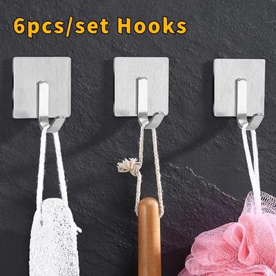 6pcs/set No Drill Stainless Steel Hooks Waterproof Wall Mounted Self Adhesive Hooks Space Saving Heavy Duty Wall Hook
