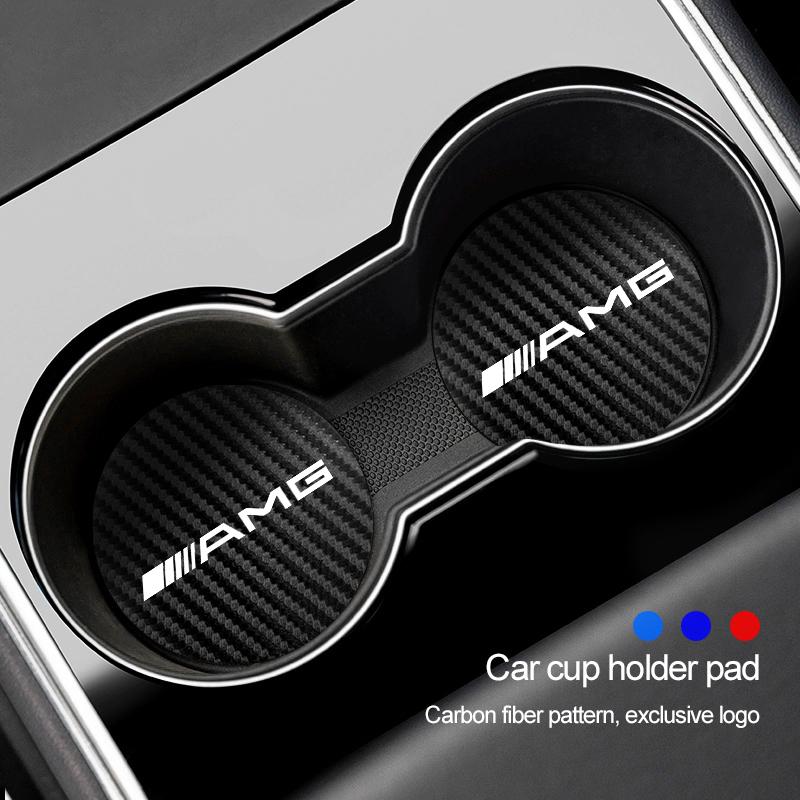 2 PCS Carbon Fiber Patterned Leather Coasters Car Cup Holders Silent Pads For Mercedes Benz AMG W204 W205 W203 W211 W212 W213