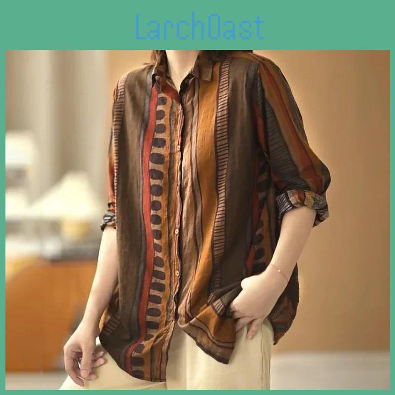 Long Ethnic Shirts Vintage Women Sleeve Top Cotton Linen Shirt Loose Casual Ladies Blouse