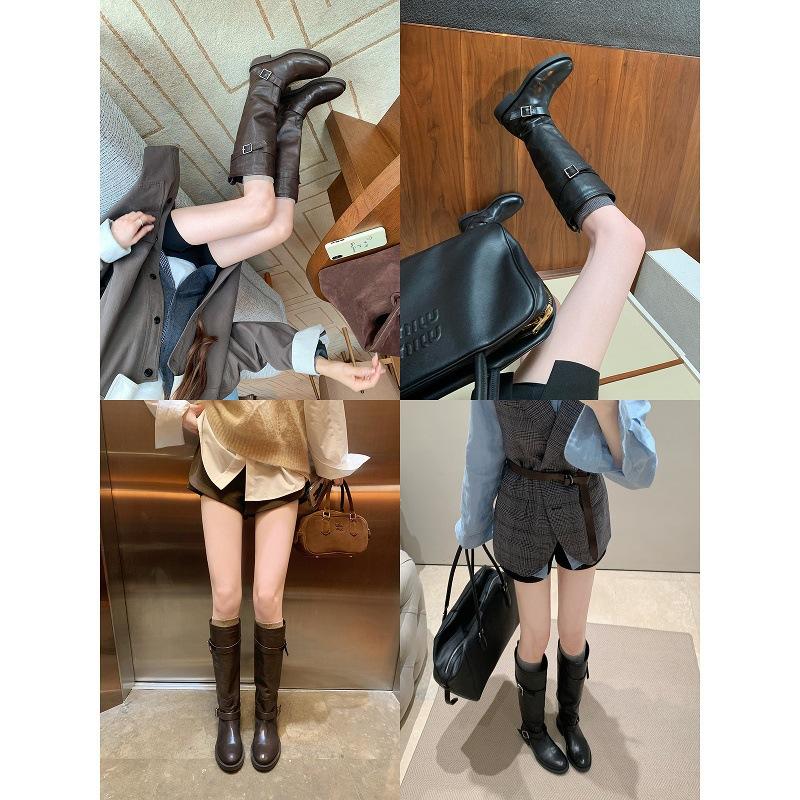 Cowhide version~ retro pointed round head belt buckle thick heel boots women's autumn and winter new thin boots leather knight boots